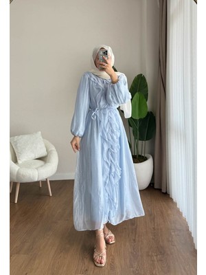 RFK Butik Kadın Bel Bağlamalı Fırfırlı Kumru Elbise - Mavi