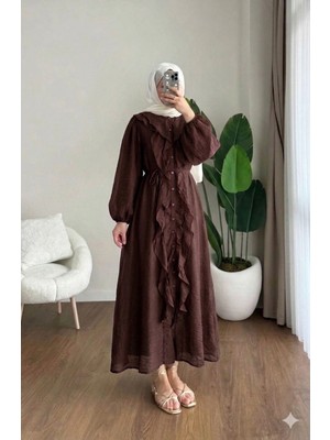 RFK Butik Kadın Bel Bağlamalı Fırfırlı Kumru Elbise - Kahverengi