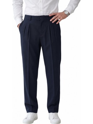 Rizzup Lacivert Baggy Fit Pileli Kumaş Pantolon – Likralı, Beli Lastikli Rahat Kesim Erkek Pantolon 2600920