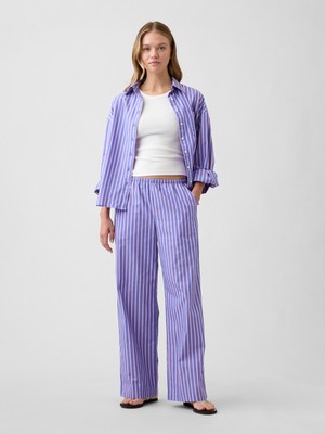 Gap Kadın Mavi Mid Rise Pull-On Çizgili Poplin Pantolon