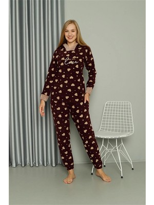 MiraLive Marsilyan- Polar Kadın Kapşonlu Pijama Takımı Bordo