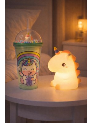 MiraLive 2'li Set Rgb LED Unicorn Gece Lambası Yumuşak Silikon – Yeşil Unicorn Tema 450 ml Çift Katman Suluk