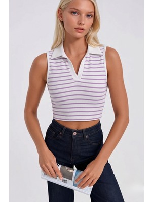 Asfaha Fashion Kadın Çizgili Yaka Detaylı Fitilli Crop