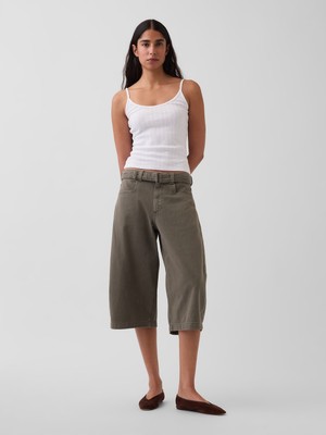 Gap Kadın Haki Mid Rise Kemerli Culotte Barrel Pantolon