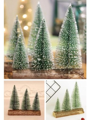 MiraLive 3 Lü Set Nevada Mini Çam Ağaçları Meşe Kütük Üzerinde yılbaşı Hediyesi  16-12-10  cm