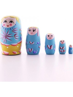 MiraLive Ahşap Tombul Iç Içe Matruşka Bebek Mavi 1 Set 5li Büyük Boy