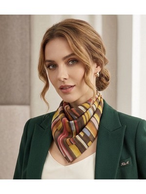 Jz Moda Kadın Çok Renkli Çizgili Şifon Fular - 50X50 cm - Kahve Sarı Tonları Klasik Aksesuar
