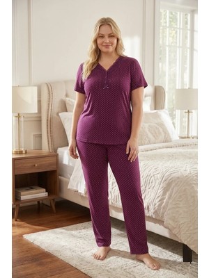 Kadın Büyük Beden Desenli Yakası Düğmeli Kısa Kollu Bambu Pijama Takımı
