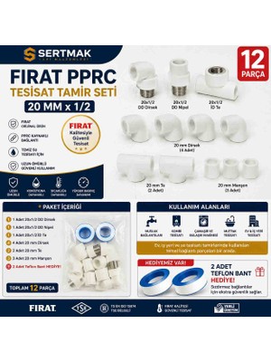 Fırat Pprc 20 mm x 1/2 Kombi Kalorifer Musluk Bağlantı Seti 12 Parça Tesisat Tamir Seti + 2 Adet Teflon Bant Hediye