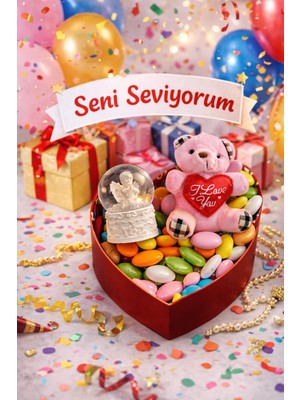 MiraLive Sevgililer Günü Kalp Kutulu Romantik Hediye Seti – Ayıcıklı & Kar Küresi & Draje Çikolata