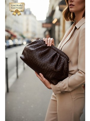 CLASSBAG Kadın Kahverengi Örgü Desenli Portföy&clutch ve Ayarlanabilir Askılı Omuz Çantası