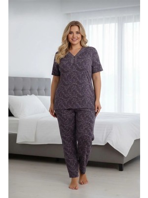 Kadın Büyük Beden Desenli Yakası Düğmeli Kısa Kollu Bambu Pijama Takımı