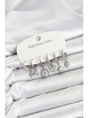Pileli Store  316L Çelik Gümüş Renk Zirkon Taşlı Charm Detaylı Kadın Küpe Seti TG27BKP11879