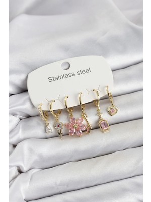 Pileli Store  316L Çelik Gold Renk Pembe Zirkon Taşlı Lotus Detaylı Kadın Küpe Seti TG27BKP11886