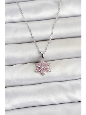 Pileli Store  316L Çelik Zincir Gümüş Renk Pembe Zirkon Taşlı Lotus Model Kadın Kolye TG27BKO11064
