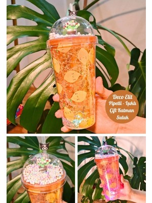 MiraLive Beach Temalı Suluk Pipetli Buzlu Cam Görünümlü LED Işıklı 450 ml Çift Katman Mika 2768