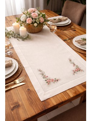 Muguetarts %100 El Işlemeli Çiçek Dekorlu Brezilya Naturel Nakış Keten Masa Runner Örtü 69X46 cm