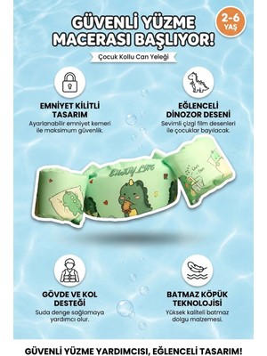 Upstyle Bebek Kolluk Can Yeleği Seti Dino Desenli Göğüs Destekli Süngerli Güvenli Yüzme Yardımcısı Yeşil