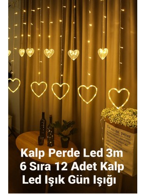 Yenilig 3 Metre 6 Sıra Kalp Perde LED Işık - Gün Işığı, 12 Adet Kalp Figürlü Dekoratif Çok Renkli