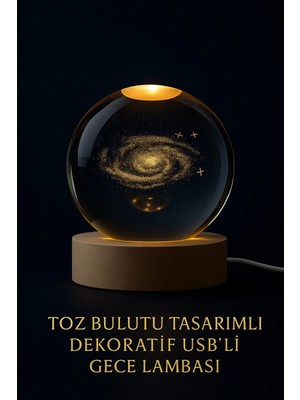 Yenilig Toz Bulutu Tasarımlı Dekoratif Usb’li Gece Lambası Ahşap Altlıklı Işıklı Cam Küre Hediye Dekor Ürünü Çok Renkli
