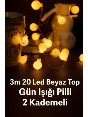 Yenilig 3 Metre 20 LED Beyaz Top Işık - Pilli, Gün Işığı ve 2 Kademeli Dekoratif Süs Çok Renkli