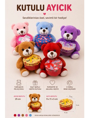 Yenilig Kutulu Peluş Ayıcık 25 cm Kalp Kutulu Sevimli Oyuncak Ayı Romantik Hediyelik Peluş Çok Renkli