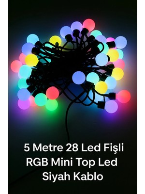 Yenilig 5 Metre 28 LED Rgb Mini Top Işık - Fişli, Siyah Kablo ve Çok Renkli Dekoratif LED Çok Renkli