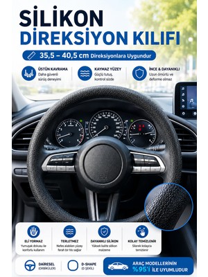 Deconitte Oto Silikon Direksiyon Kılıfı Siyah, Kaymaz Yüzey, Yumuşak Tutuş, Kolay Takılan Universal Araç Direksiyon Koruyucu