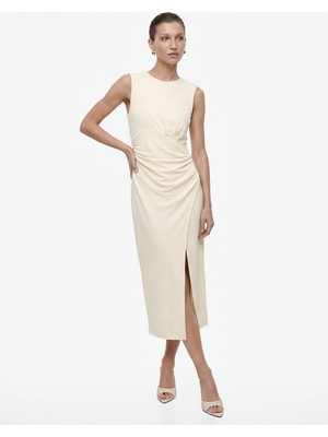 Koton Slim Fit Kolsuz Bisiklet Yaka Drapeli Midi Abiye Elbise