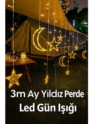 Yenilig 3 Metre Ay Yıldız Perde LED Işık - Gün Işığı, 12 Saçaklı, Fişli ve 8 Fonksiyonlu Çok Renkli