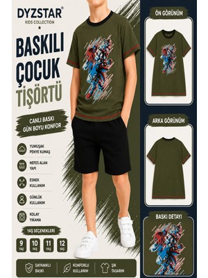 Dyzstar Baskılı Çocuk Tişörtü Haki Yeşil Kısa Kollu Penye Tişört 9-10-11-12 Yaş