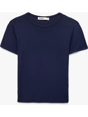 Koton Viskon Kumaş Ribanalı Slim Fit Kısa Kollu Bisiklet Yaka Basic Tişört