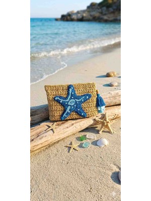 Creatif La Femme Hasır Rengi Kağıt Ipten Punch Işlemeli Deniz Temalı Clutch Portföy Çanta