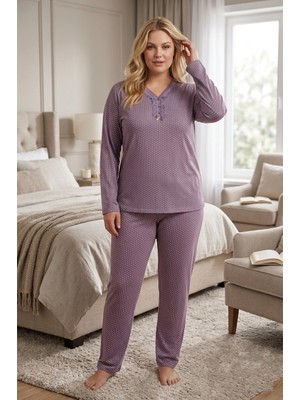 Temporium Kadın Büyük Beden Yakası Dantelli Uzun Kollu Bambu Pijama Takımı