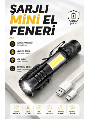 İlkyaz Fashion El Feneri LED USB Şarjlı Zoom Mini LED Işık Acil Durum Feneri