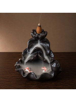 Mystica Seramik Çiçek Aromaterapi Geri Akışlı Tütsülük - Siyah - 8x9 cm