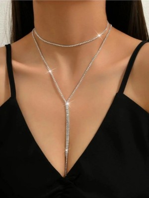 Mupte Jewelry Zirkonlu Çift Şerit Sallantalı Şık Kolye