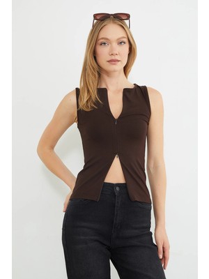 FullaModa Çift Fermuarlı Slim Fit Bluz