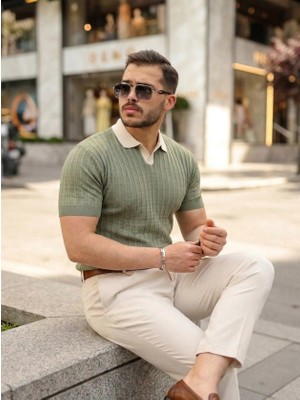 Defy Moda Erkek Yaka Detaylı Desen Dokulu Triko Tişört