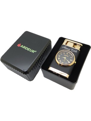 Ardeur® Lucian Mat Siyah Gold Saatli Isme Özel Çakmak | Hediyelik Çakmak