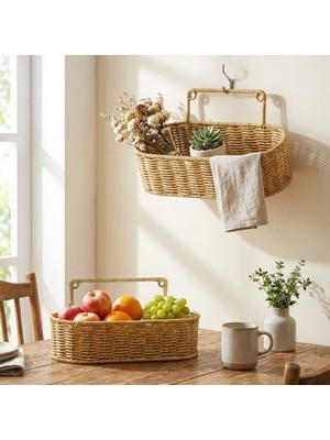 Go İthalat 2’li Duvar Askılı Plastik Rattan Organizer – Oval Hasır Görünümlü Mutfak Raf Sepeti, Banyo ve Ev Içi Düzenleme Ünitesi (5615)