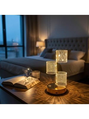 Go İthalat 3 Parça silindirik kristal Ekose Kareli LED Masa Lambası – Gold Gövdeli, Dokunmatik, 3 Kademe Işık Ayarlı Şarjlı Dekoratif Lamba (5615)