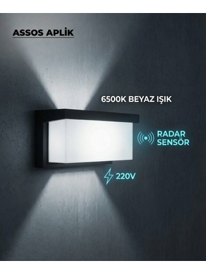 AC Aydınlatma Assos Aplik Radar Sensörlü Dış Mekan Duvar Armatürü | 6500K Beyaz Işık | 220V