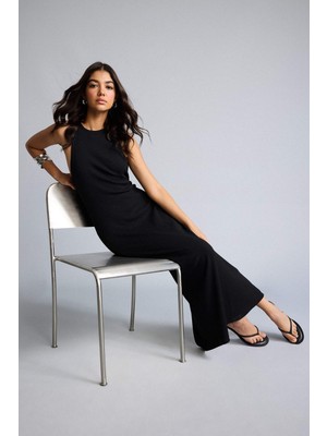DeFacto Bodycon Vücudu Saran Halter Yaka Ribana Kolsuz Siyah Maxi Elbise H7119AX26SM