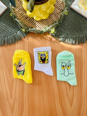 Al Bi 90Lık Al Bi 90'lık 3'lü Sünger Patrıck Squıdward Desenli Kolej Set Çorap
