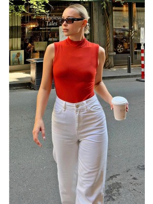 Swist Kiremit Sıfır Kol Yarım Balıkçı Kadın Body Bluz