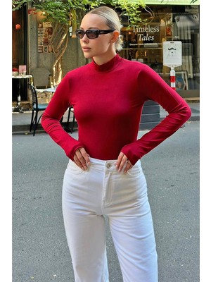Swist Bordo Poi Parmak Detaylı Yarım Balıkçı Kadın Body Bluz