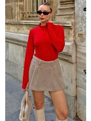 Swist Kırmızı Poi Parmak Detaylı Yarım Balıkçı Kadın Body Bluz