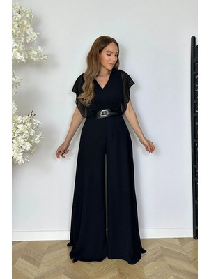 Ges Moda G1792 Şifon Detaylı Kemerli Tulum Siyah