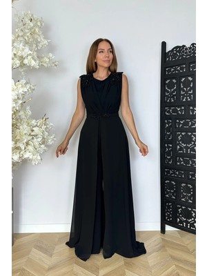 Ges Moda G1848 Taş ve Şifon Detaylı Tasarım Tulum Siyah